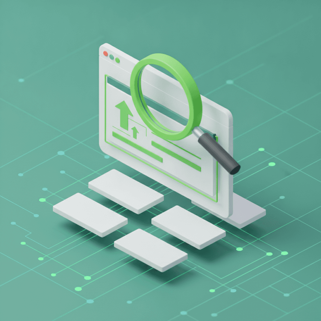 AI generated: SEO analytics illustration showing search engine results page with magnifying gl