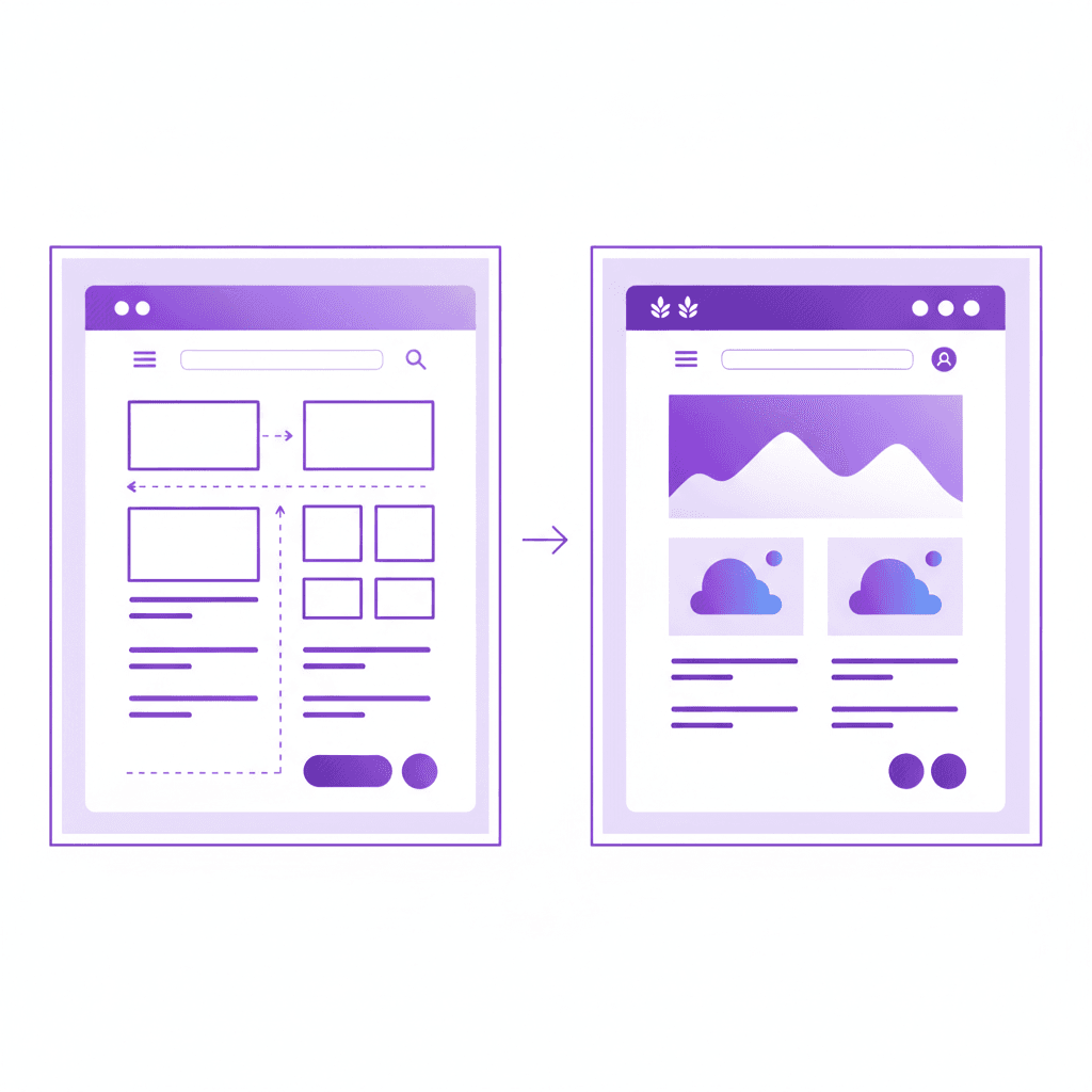 AI generated: Custom web design process illustration showing wireframe to high-fidelity design